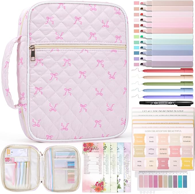 XKDOUS Bible Cases with Study Supplies Durable Carrying Book Case Quilted Bible Cover Large Bible Bag with Handle & Zippered Pocket Portable Church Book Holder for Women