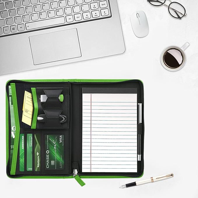 Junior Padfolio/Resume Portfolio Binder with Refillable Lined Notepad, A5 Padfolio Folder, Business Portfolio, Multi-Function Case, A5 Writing Pad Included,Green