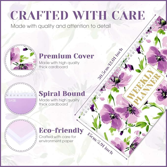 Funrous Floral Undated Weekly Planner 2026 Weekly To Do List Notepad with Goal Shopping Horizontal Desk Calendar Spiral Bound Calendar for Planner Reminder Office School 12 x 6 inch(Elegant,Purple)