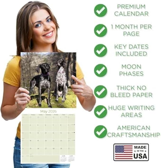 German Shorthair Pointer Calendar 2026 by MegaCalendars – Monthly Dog Breed Wall Calendar, Made in USA