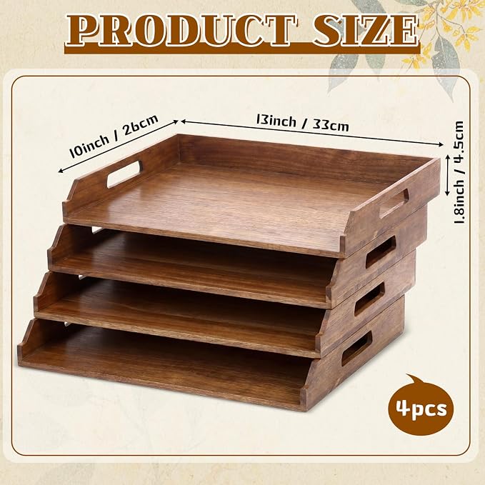 AceOrbit 4 Pcs Stackable Paper Tray Acacia Wood Desk Organizer Letter Tray 4 Tier Wooden File Organizer Desk Shelf for Documents, Letter Sorter, Envelopes and Magazine Holder