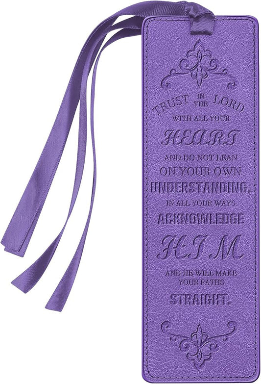 FINPAC Leather Bible Bookmarks, Vegan Religious Bookmarks, Bible Verse Book Markers Church Gifts for Women Men [Trust in The Lord with All Your Heart] - Violet