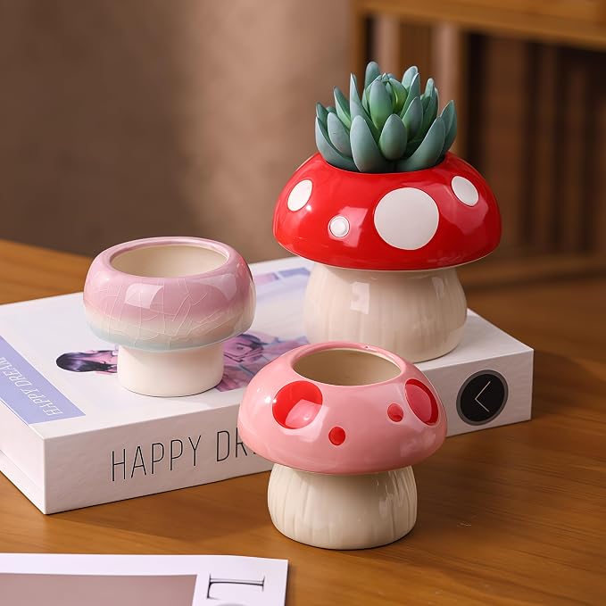Adorable Cartoons Shaped Ceramic Pencil Holders - Multifunctional Desktop Organizers (Pink Mushroom)