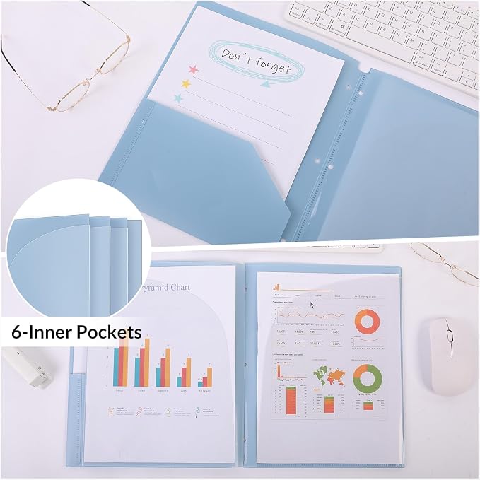 Plastic Pocket Folders，2 Pockets and 3 Dividers, Letter Size – Fits 3-Ring Binders – School Folders for Students & Office Use – Black & Haze Blue