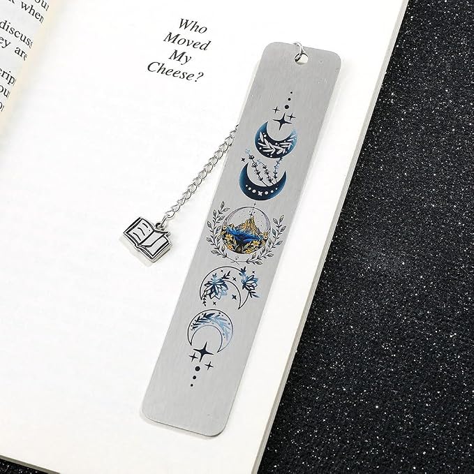 Stainless Steel Acotar Bookmark with Tassel, Acotar Inspirational Creative Moon Mountains Text Book Marks for Reading Women Men Collection, Books Accessories (Silver 1 Side Style 1)