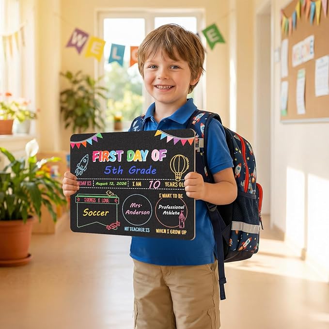 First Day of School Sign & Last Day Board - 11x14 Double-Sided Reusable Chalkboard with Markers - Back to School Gift Photo Prop for Kids Preschool Kindergarten Elementary Grades