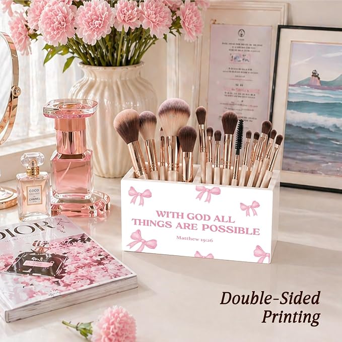 Christian Pen Pencil Holder for Desk Pink Bow Christian Gifts for Women Girls, Preppy Bible Verse Pencil Holders Wooden Box Organizer for Girls Room Bedroom Dorm Desk Tabletop