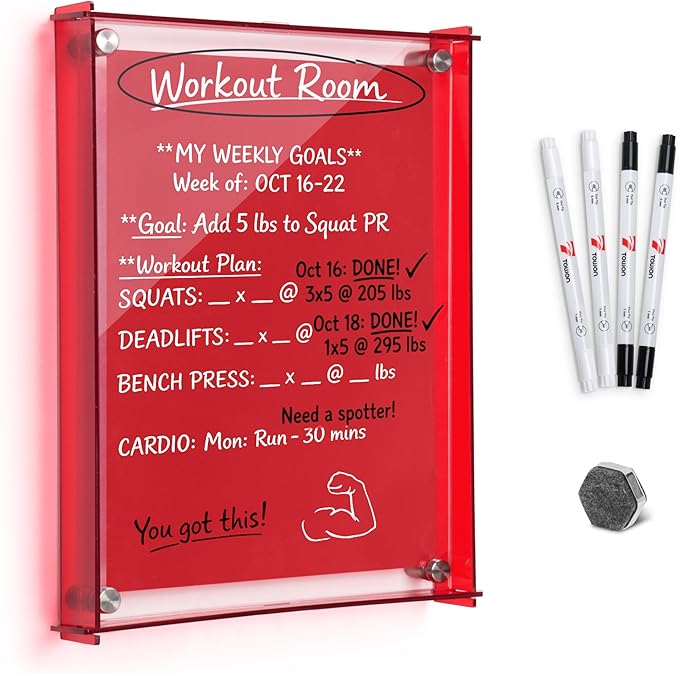 TOWON 9x12'' Ruby Red Acrylic Dry Erase Board & Photo Frame, Acrylic Whiteboard for Wall with Slide-Lock Design for Home Office, Kitchen and Dorm Décor | 4 Dual-Tip Markers and Double-Sided Eraser