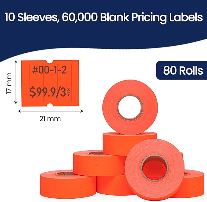 Perco 2 Line Fluorescent Red Labels - 80 Rolls, 10 Sleeves, 80,000 Blank Price and Date Gun Labels for Perco 2 Line Price and Date Guns - Made in USA