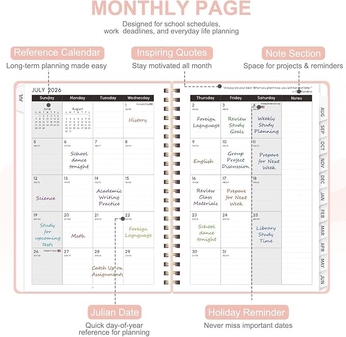 Planner 2026-2027, Weekly and Monthly Academic Year Calendar Planner, July 2026 - June 2027, Daily Agenda Book for Office School Supplies, A5(6.3'' x 8.5'')