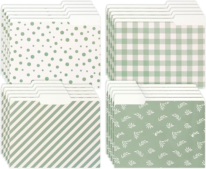 Whaline 24 Pack Sage Green File Folders Letter Size Botanical Leaves Plaid Striped Dots File Pockets with 1/3 Cut Tab for Home Office Classroom Supplies, 8.9 x 11.6 Inch