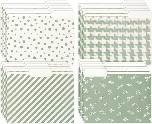Whaline 24 Pack Sage Green File Folders Letter Size Botanical Leaves Plaid Striped Dots File Pockets with 1/3 Cut Tab for Home Office Classroom Supplies, 8.9 x 11.6 Inch