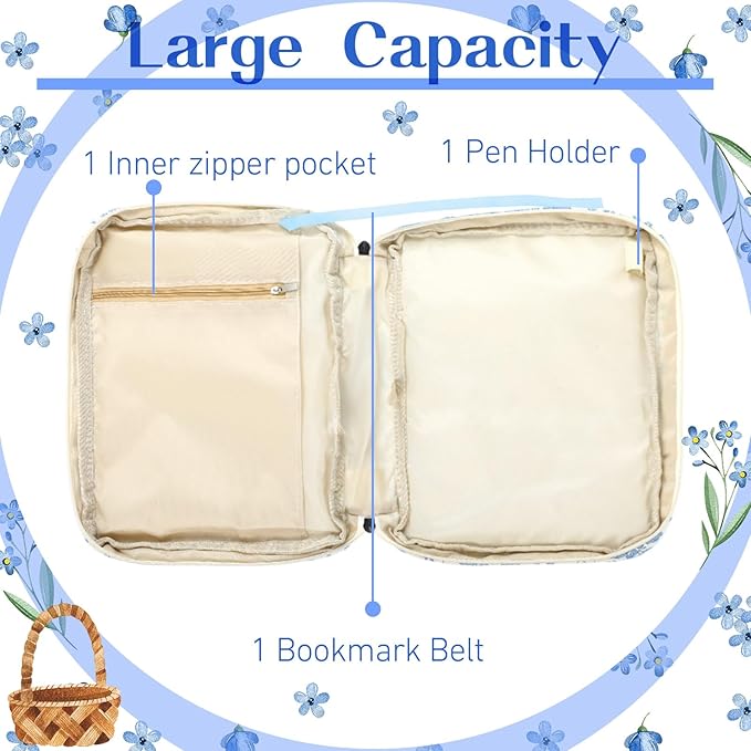Aliceset Large Bible Cover Case for Women, Blue Floral Quilted Cotton Bible Carrying Case Organizer Bag with Handle and Zipper, for Christian Easter Gifts, Study Supplies Accessories