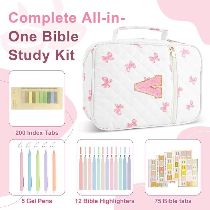 Personalized Initial Bible Cover Case for Women Girls Kid - Large Quilted Bible Case with Handle,Chenille Letter Bag Study Supplies,Christmas Gifts for Christians Birthday Graduation(Pink Bow-V)