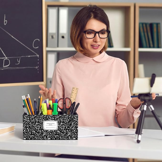 Feifeiya Composition Notebook Pen Holder for Desk Wooden Teacher Desk Organizer Back to School Decor Teacher Appreciation Gifts Pencil Holder for Home Office School Tabletop Shelf Decoration