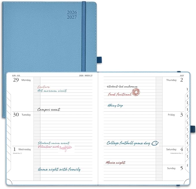 POPRUN Planner 2026-2027 (Large 8.5"x 10.5"), Horizontal Weekly Notebook Jul.2026 - Jun.2027, Academic Appointment Book with Monthly Tabs, Leather Hardcover, Inner Pocket - Aquamarine