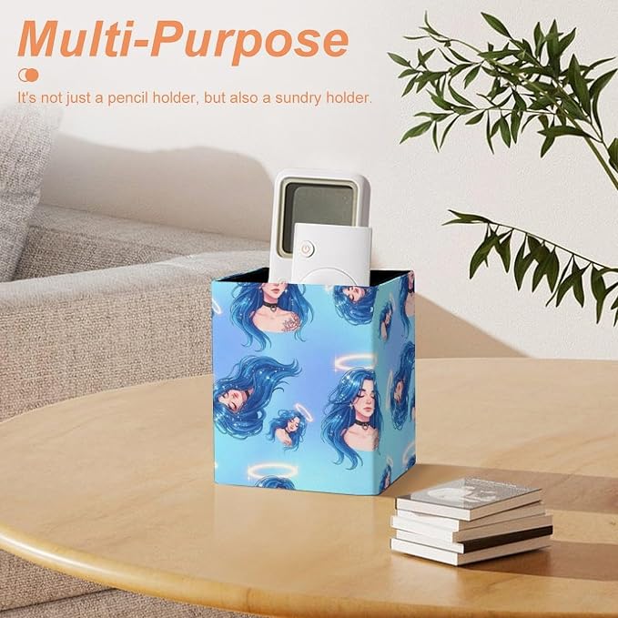 Pen Holder Square Leather Pencil, Holder Cup Makeup Brush Storage Organizer, Waterproof Multifunctional Office Supplies Women Goddess Blue Hair Cosmic Aura