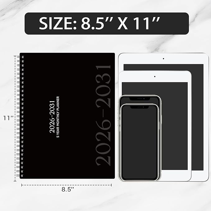 2026-2031 Monthly Planner - 5 Year Planner/Calendar, 9" x 11", 5 Year Calendar 2026-2031 Monthly Planners with Tabs, JUL. 2026 - JUN. 2031, Twin-Wire Binding, Double-Side Pocket - Waterproof Cover