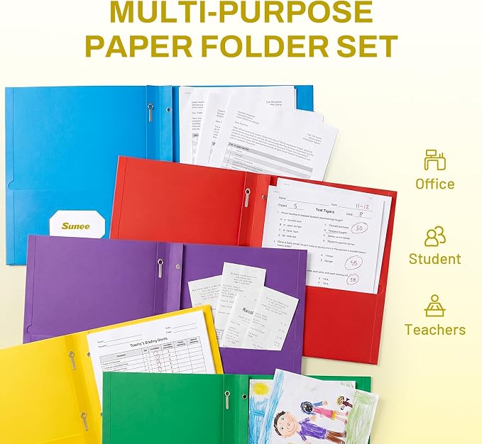 SUNEE 2 Pocket Folders with Prongs (25 Pack, Yellow), Paper Folders with 2 Pockets and 3 Prongs Fit Letter Size Paper, Folders with Prongs for School Office Home Business