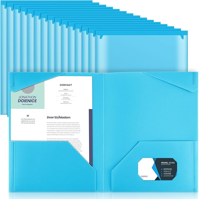 Henoyso 36 Pack Light Blue Plastic Folders with Clear Front Pockets Heavy Duty File Folders with 2 Pockets and Card Slot for Student Communication School Office Presentation Report