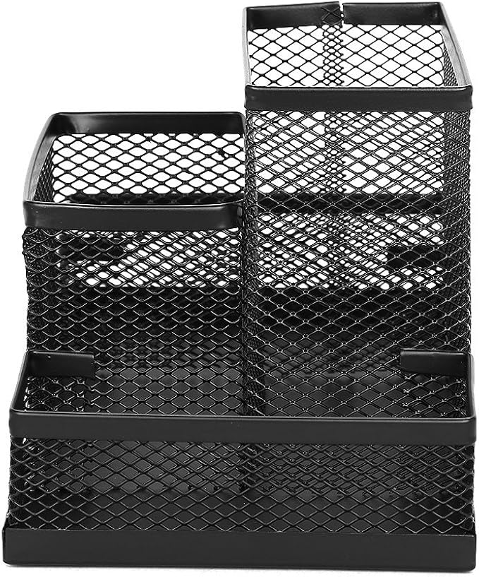 Mesh Desk Organizer for Office Mesh Pen Holder with 4 Compartments Desktop Stationery Holder Office Supplies Caddy with Sticky Notes Holder Mesh Basket Organizer Storage Black Mesh Pencil Holder