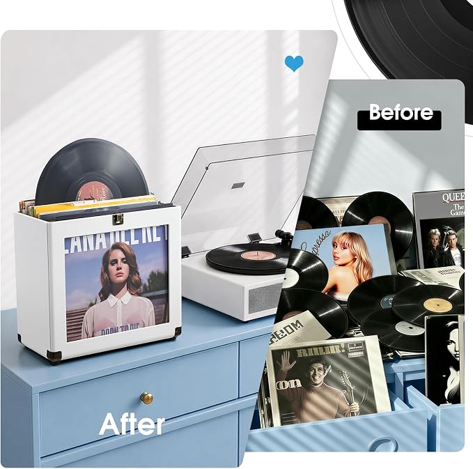 Hododou Vinyl Record Storage Box with Lock Record Organizer Storage for 30+ Single Records 12-inch Water Resistant Collapsible Storage Crate with Lid Handle Mesh Pouch for Vinyl Collect Acrylic White