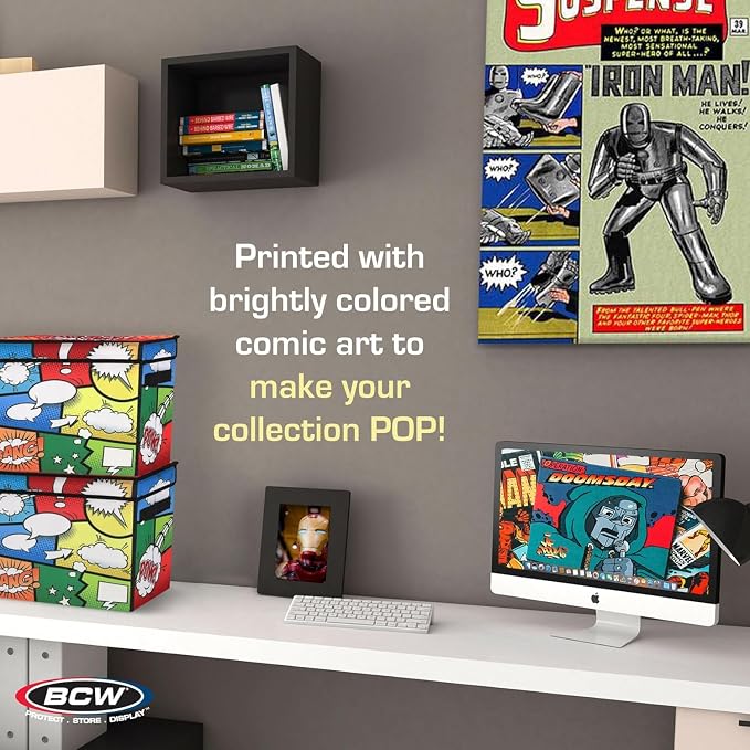 BCW Comic Foldaway | Collapsible Comic Book Storage Tote for 125-150 Comic Books | Foldable Box for Comic Books (4 Pack, Pow!)
