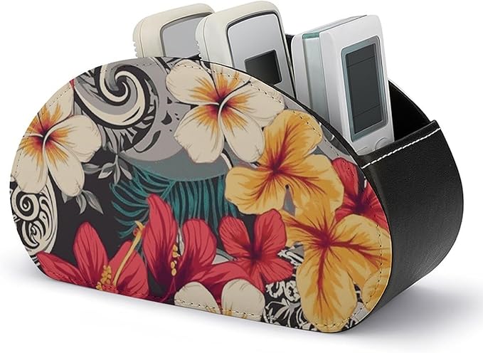 Colorful Hawaiian Pattern Remote Control Holder with 5 Compartment Organizer Box, Leather TV Remote Holder Organizer Caddy for Table, PU Leather Remote Box for Nightstand Office Desk Storage Box