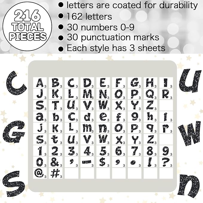 Colarr 216 Pcs Black Glitter Bulletin Board Letters for Classroom Number Alphabet Punctuation Symbol Cutout 4'' Die-Cut Poster Letter with Adhesive Dot School Party Graduation Decor Display