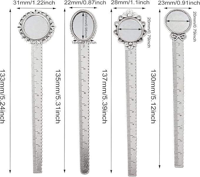 Honbay 8PCS Metal Bookmark Ruler Book Page Marker Retro Ruler Bookmark Pendant Tray Kit for School Office Supplies and Book Gifts Making (4 Styles, 2 Color)
