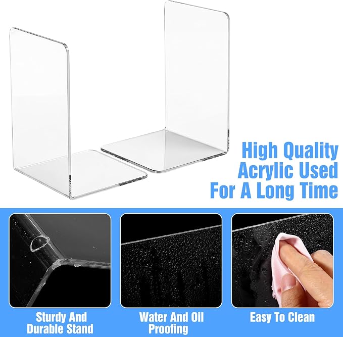 24 Pieces Book Ends, Clear Acrylic Bookends for Shelves, Heavy Duty Book Holders, Non Skid Decorative Bookends or School, Library,Desktop Organizer and Book Shelves Office, 4.9 x4.33 x 7.08in