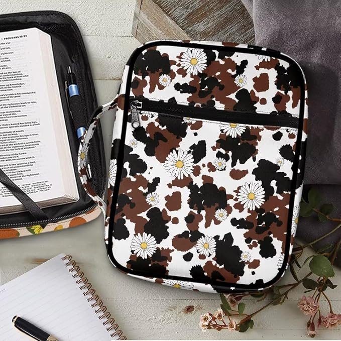 Coldinair Daisy Bible Cover for Women,Canvas Carrying Book Case Brown Cow Print Church Bag Bible Holder with Handle and Zippered Pocket