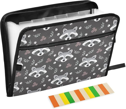 Expanding File Folder Raccoon Grey Accordion File Organizer 13 Pockets Document Organizer with Zipper Labels A4 Letter Office Storage