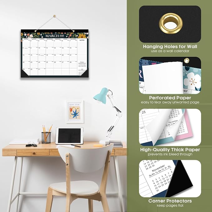 Desk Calendar 2026-2027, 21-Month Calendar Runs Unitl June 2027, Large 17" x 12" Monthly Desktop & Wall Calendar for Home & Office - Twilight Petals