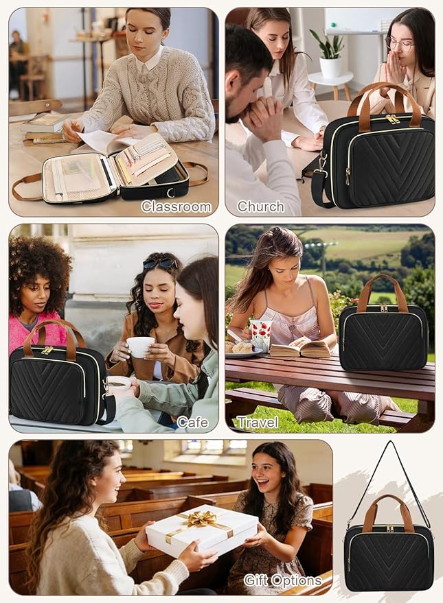 Large Bible Bags for Women, Bible Cover Case with Highlighters Tabs Quilted Book Travel Case w/Shoulder Strap, Bible Study Supplies Journaling Kit Accessories Christian Gifts for Women Girl