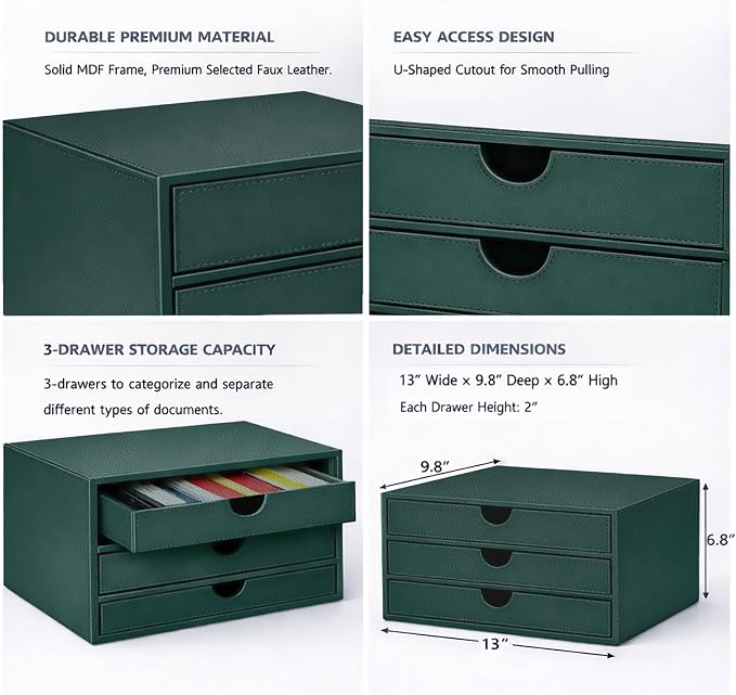 UnionBasic Leather Desktop Drawer Organizer, File Cabinet Magazine Document Holder, Office Supplies Desk Storage Organizer Box, 3 Drawer, Coffee