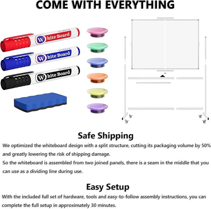 Large Rolling Whiteboard on Wheels, 48" x 36" Double-Sided Mobile White Board with Stand, 4' x 3' Portable Standing Magnetic Dry Erase Board Easel for Home Office Classroom School, Silver