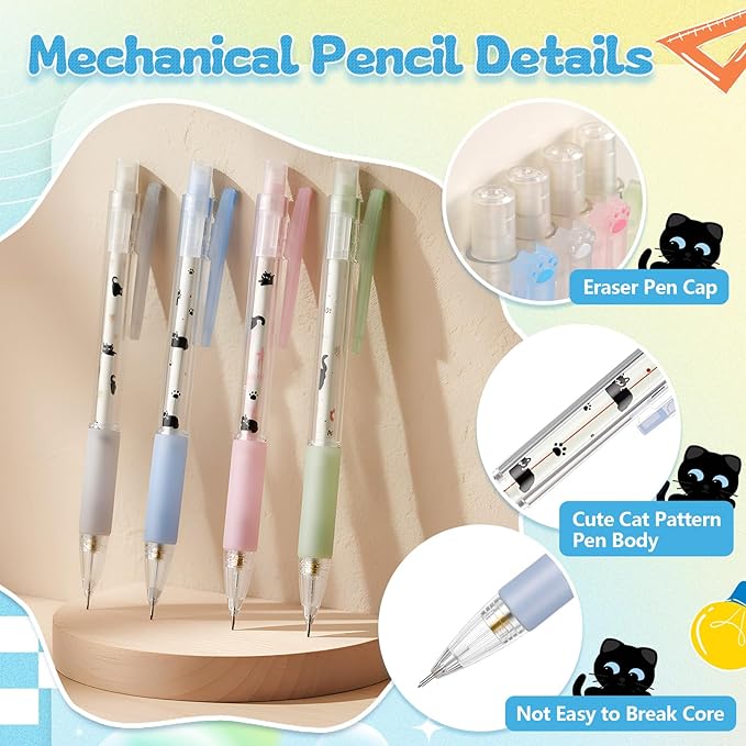 11 Pcs Black Cat Mechanical Pencil Set, 4 Mechanical Pencils 0.5mm, with 4 2B Lead Refills and 3/5 Erasers Christmas Stocking Stuffers for Women Cats Lovers Gifts (Cat)