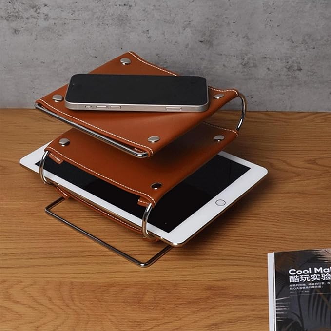 3-Tier Leather Desk Organizer, Classic/Elegant Brown Leather Desk Caddy for Office Supplies, Desktop Cosmetic Tray Organizer Storage Box