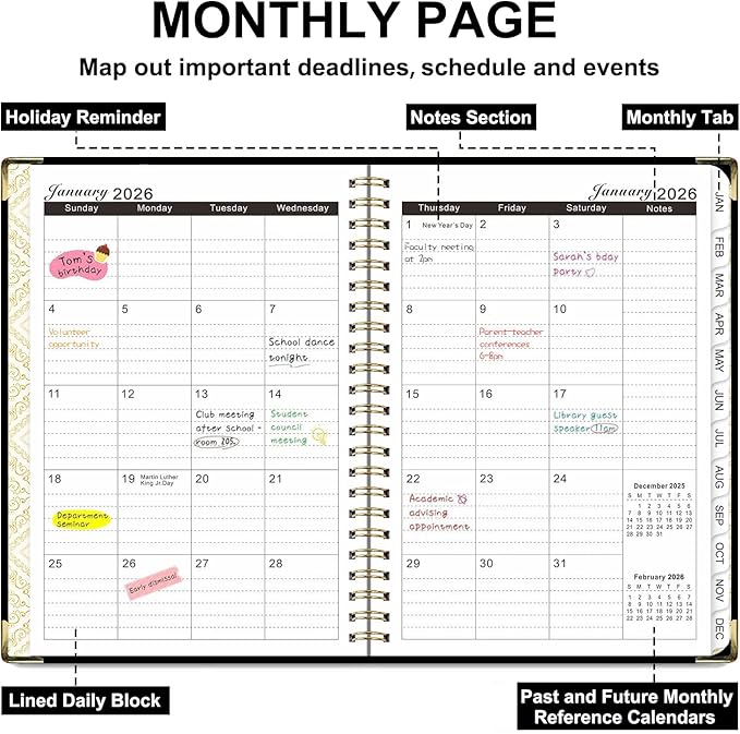 2026 Planner, Weekly and Monthly Academic Year 2026 Calendar(January 2026- December 2026), Agenda Book for School Stuedent, Teacher, Home, Office (Black(JAN2026-DEC2026))