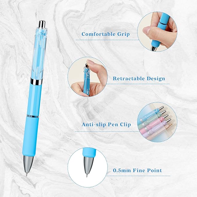 Temiary 5 Pcs Retractable Gel Pens, 0.5 mm Black Ink Fine Point Quick Dry Gel Ink Pen, Aesthetic Smooth Writing for School Office Journaling Note Taking and Sketching (Blue)