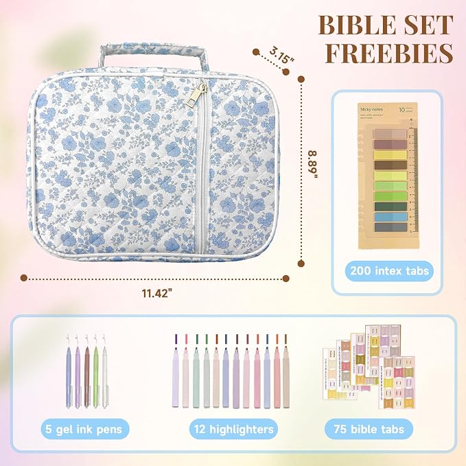 Bible Cover Case for Women,Bible Study Supplies Accessories,Bible Journaling Kit,Pink Flower Carrying Case with Highlighters