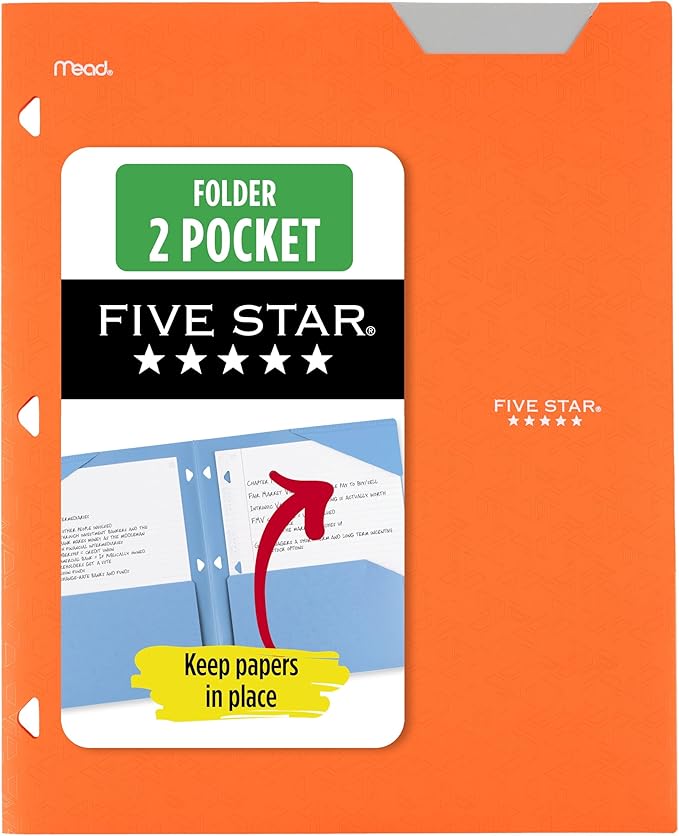 Five Star 2-Pocket Folder, Plastic Folder with Stay-Put Tabs, Fits 3-Ring Binder, Holds 8-1/2" x 11" Paper, Solar Orange (333420N)