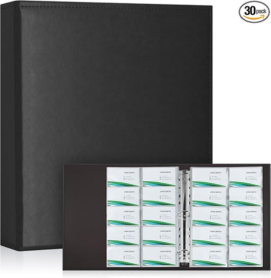 BYSTER A4 Business Card Binder, PU Leather Organizer with 30 Pack Sleeves (600 Pockets), Business Card Holder Book for Credit Cards, Membership Cards, and More - Black