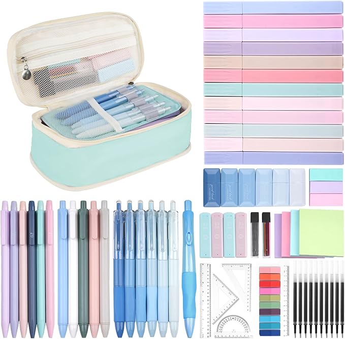 65Pcs Aesthetic School Supplies with Cute Pencil Case, 12 Pastel Highlighters, 10 Black Ink Gel Pens, Mechanical Pencils, Sticky Note Ruler Correction Tape for College Essentials Stationary Gift, Blue