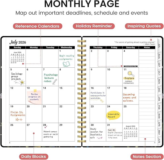 Planner 2026-2027, Academic Monthly and Weekly Calendar Planner for Women, July 2026 - June 2027, Hardcover Pretty Agenda Planner Book with Tabs, Spiral Daily Organizer for School Office Home Supplies, 8.5" x 11" - Peony Bloom