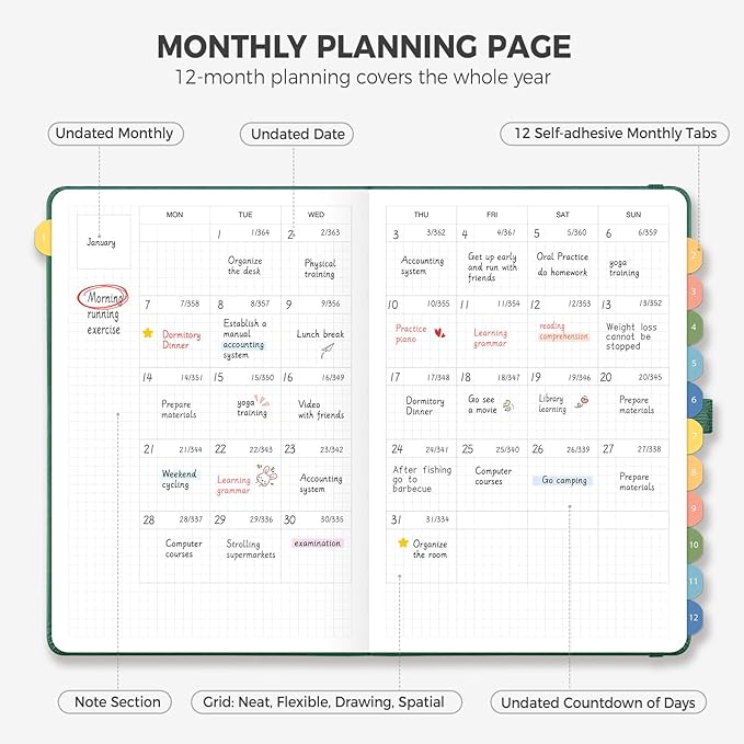 Undated Appointment Book, Hourly, Daily, 52 Weekly & 12 Monthly Planner, 6 AM - 8 PM, Medium Size (5.7" x 8.3"), Leather Hardcover, 12 Self-adhesive Monthly Tabs (Dark Green)