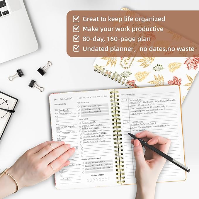 Stanoha Undated Daily Planner - Spiral Notebook 80 Days One Day Per Page, Hourly Schedule, To-Do List, Notes, Everyday Planning Task, A5 Hardcover Journal Organizer Book Women Cute Aesthetic, Fall