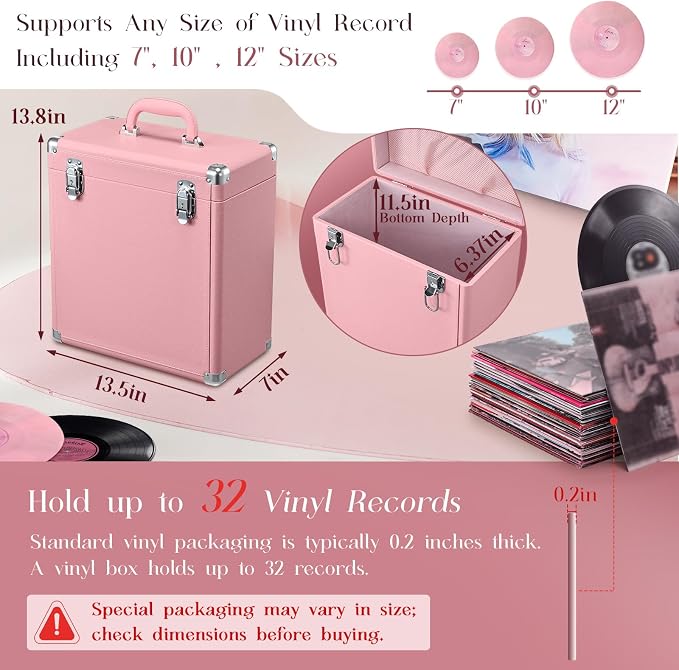 Hododou Vinyl Record Storage Box with Lock Record Organizer Storage for 30+ Single Records 12-inch Water Resistant Collapsible Storage Crate with Handle Mesh Pouch for Valuable Album Collection Pink