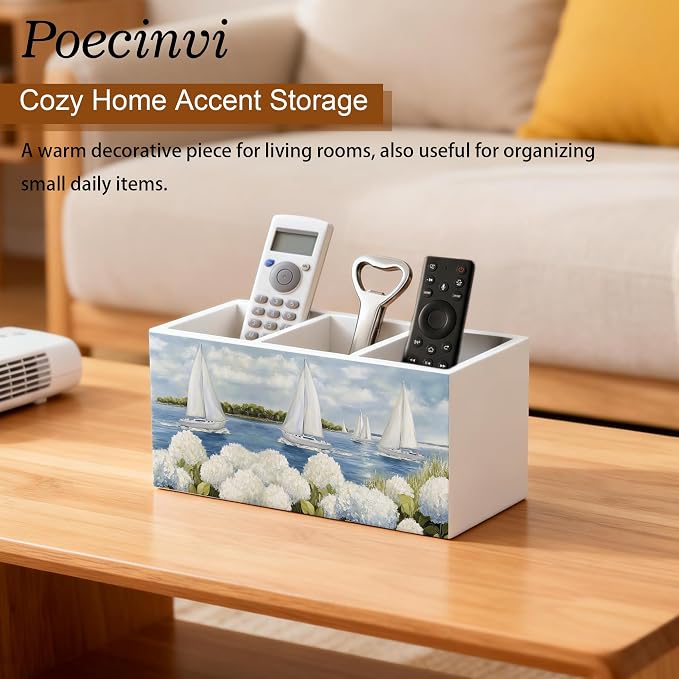 White Hydrangea Coastal Beach Pen Holder for Home Office Desk, Beach House Decor, Nautical Sailboat Hydrangea Flower Wooden Box Sign Pencil Holder for Desk Shelf Organizer
